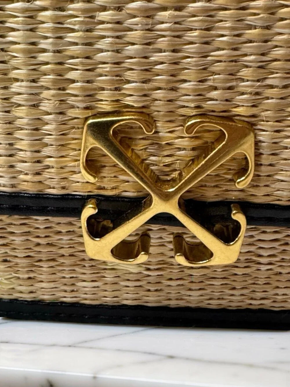 Off White Raffia Top Handle Crossbody Bag Natural Black Gold Arrow NWT